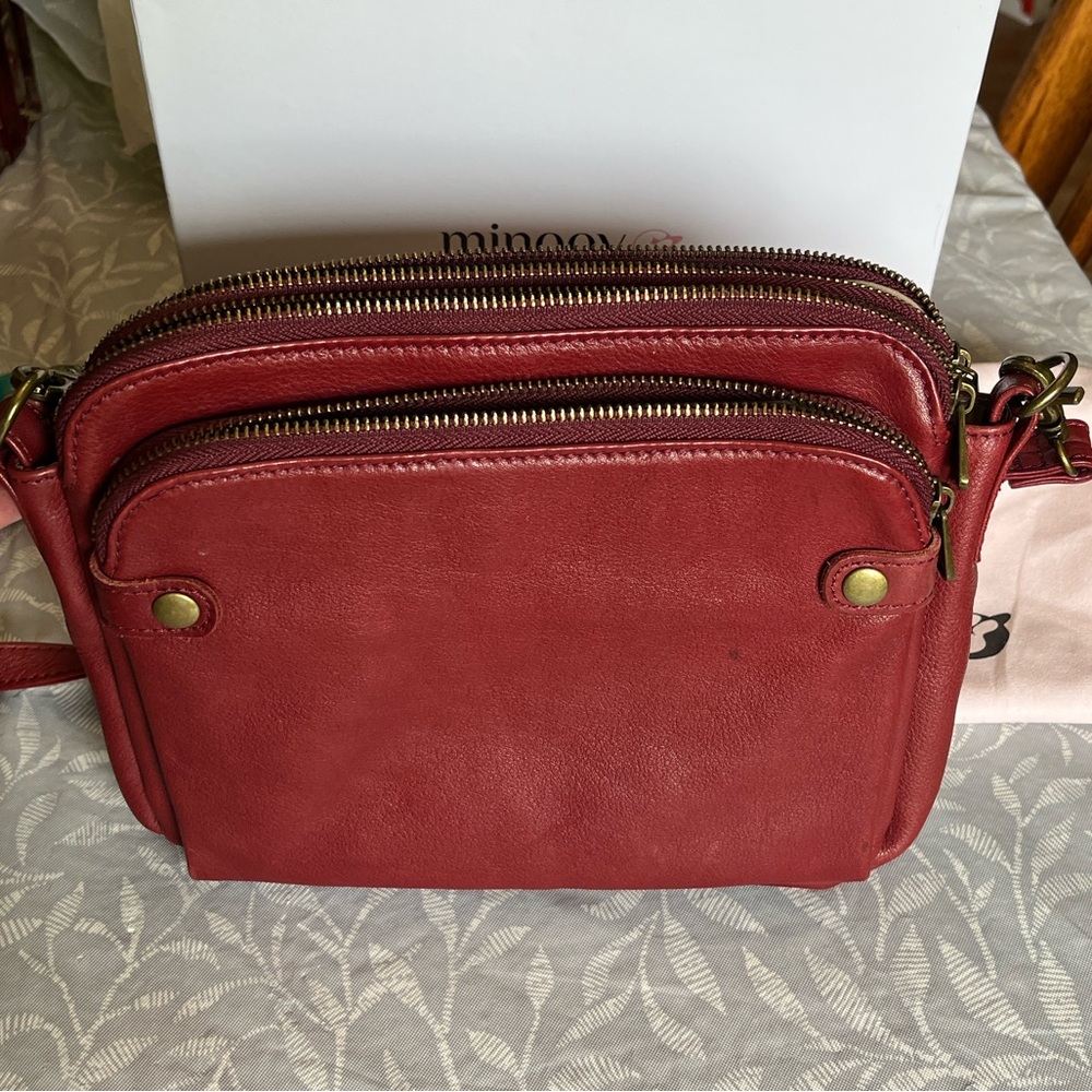 Red Leather Three Zipper Pouch Crossbody Bag Deep Red with Dustbag and Box